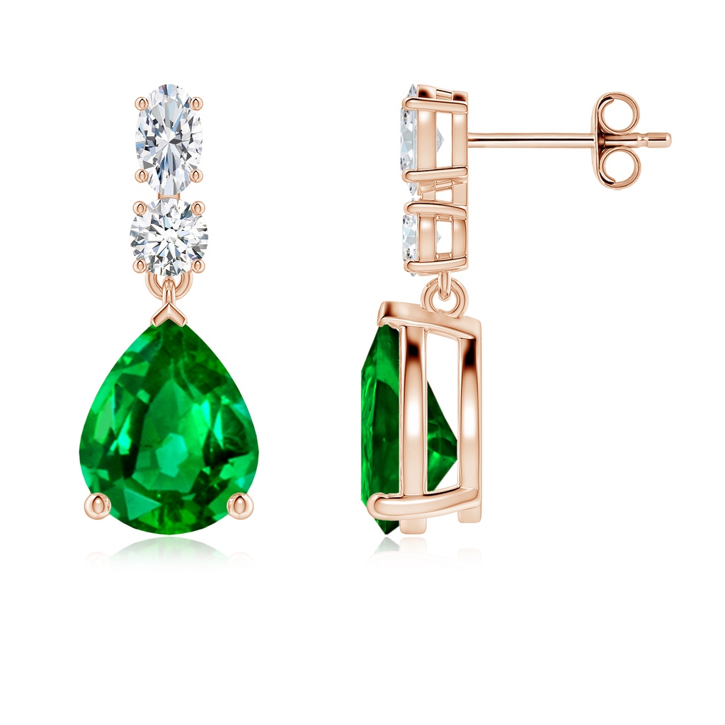 10x8mm AAAA Pear Emerald Dangle Earrings with Diamond Accents in Rose Gold