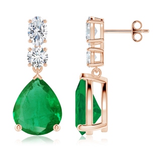 12x10mm AA Pear Emerald Dangle Earrings with Diamond Accents in Rose Gold