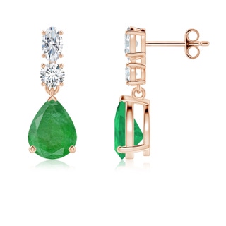 9x7mm A Pear Emerald Dangle Earrings with Diamond Accents in Rose Gold