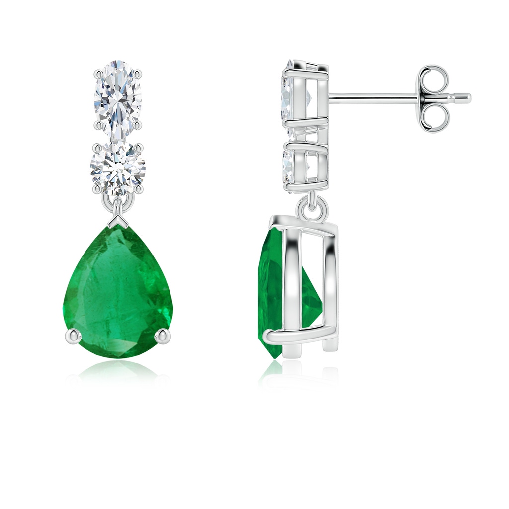 9x7mm AA Pear Emerald Dangle Earrings with Diamond Accents in White Gold