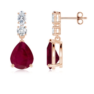 10x8mm A Pear Ruby Dangle Earrings with Diamond Accents in Rose Gold