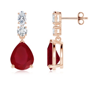 10x8mm AA Pear Ruby Dangle Earrings with Diamond Accents in Rose Gold