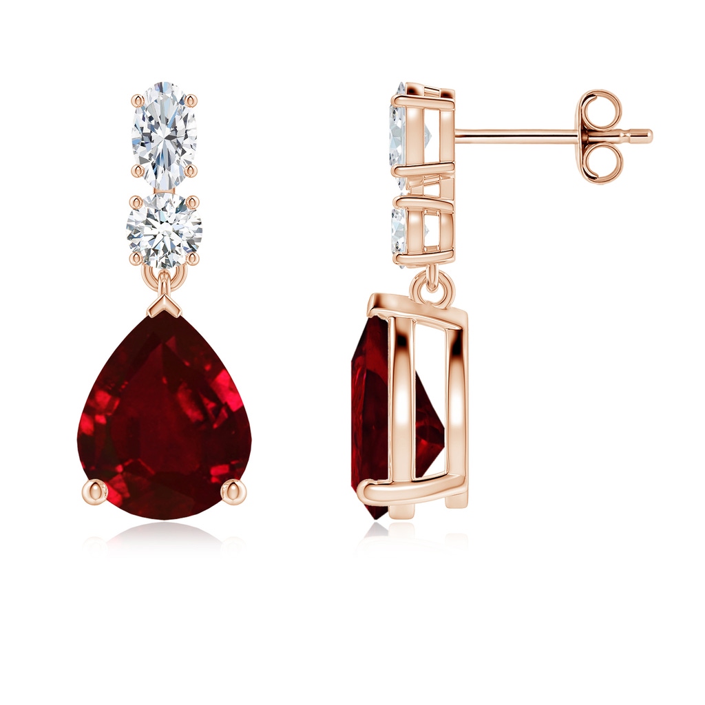10x8mm AAAA Pear Ruby Dangle Earrings with Diamond Accents in Rose Gold