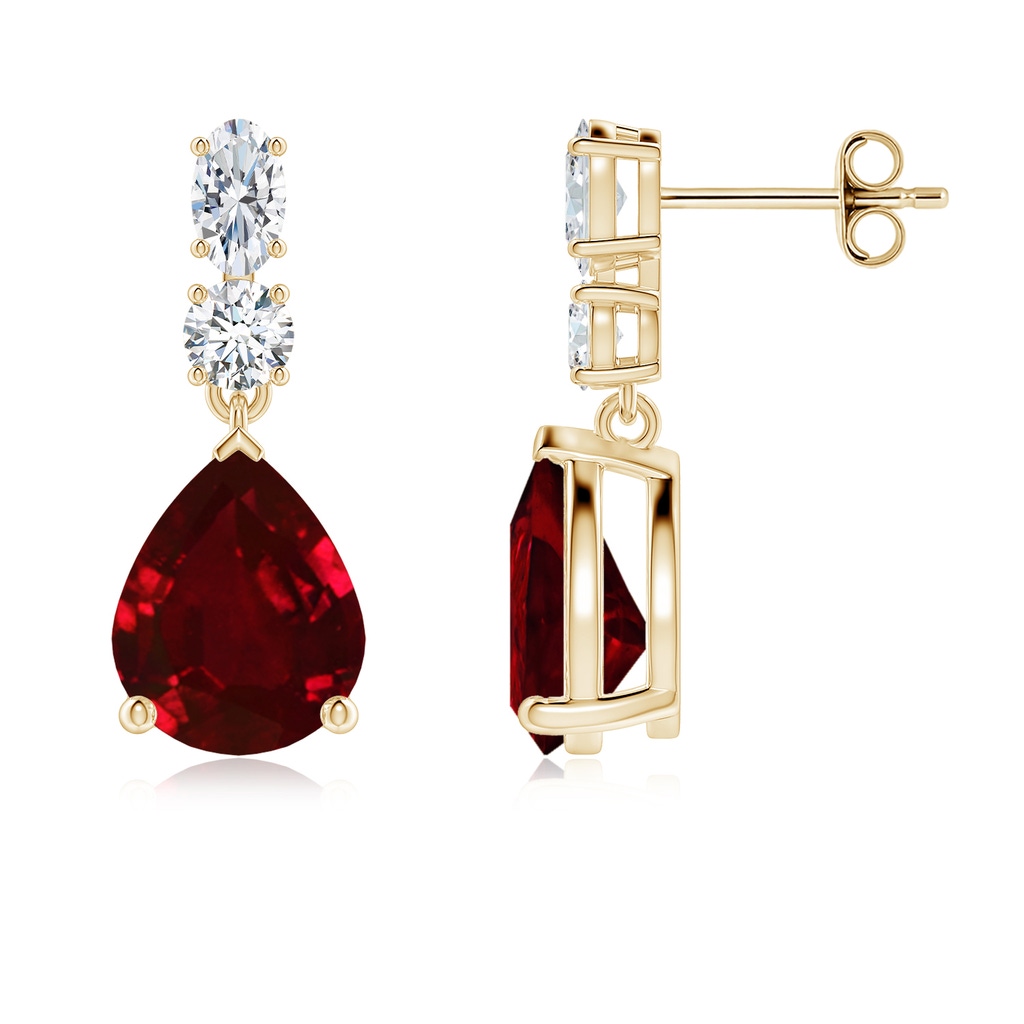 10x8mm AAAA Pear Ruby Dangle Earrings with Diamond Accents in Yellow Gold