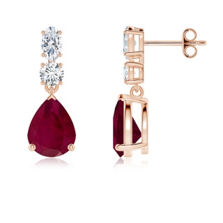 9x7mm A Pear Ruby Dangle Earrings with Diamond Accents in Rose Gold