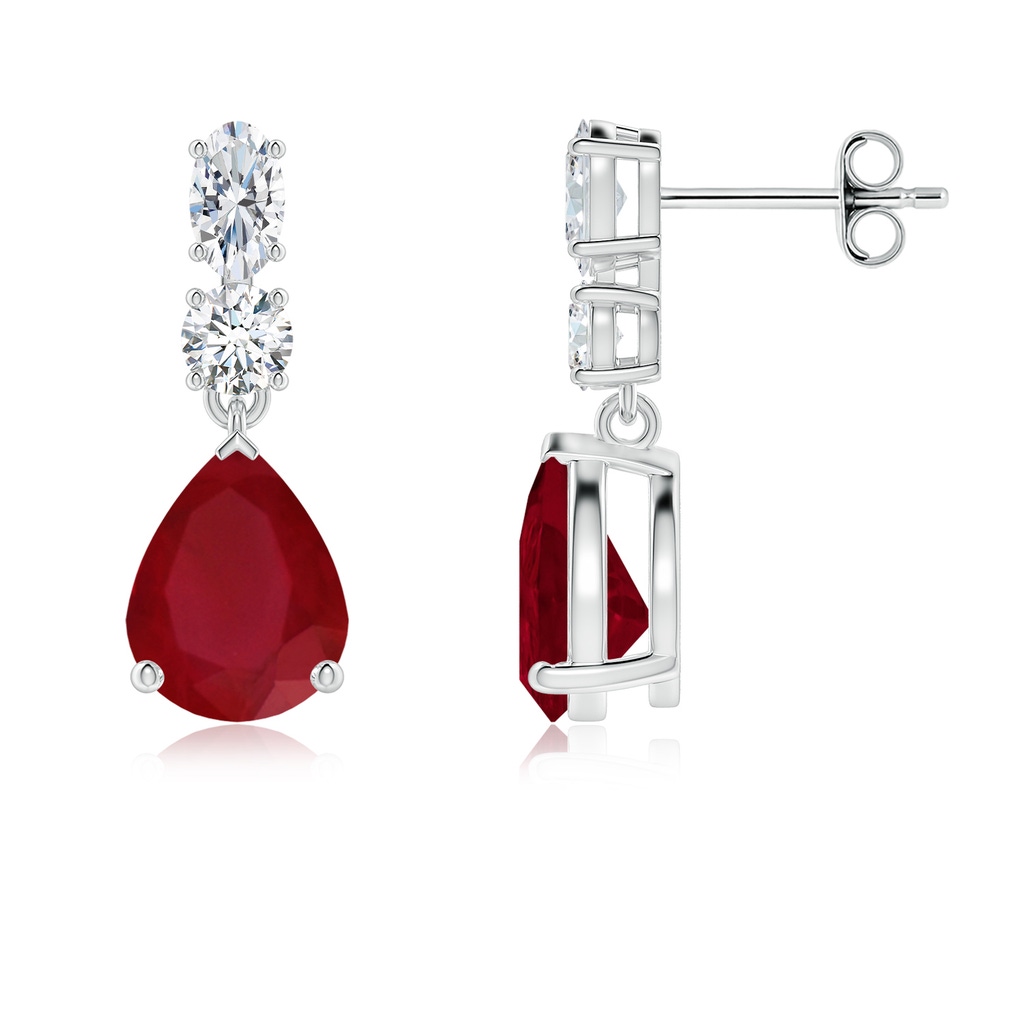 9x7mm AA Pear Ruby Dangle Earrings with Diamond Accents in White Gold
