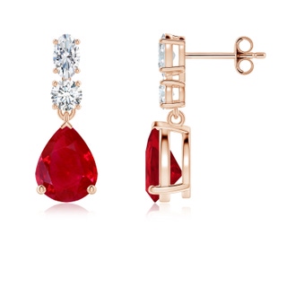 9x7mm AAA Pear Ruby Dangle Earrings with Diamond Accents in Rose Gold