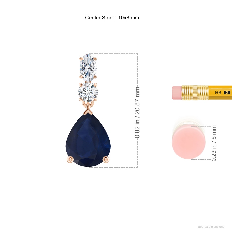 10x8mm A Pear Blue Sapphire Dangle Earrings with Diamond Accents in Rose Gold ruler