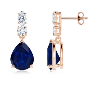 10x8mm AA Pear Blue Sapphire Dangle Earrings with Diamond Accents in Rose Gold