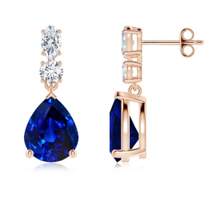 10x8mm AAAA Pear Blue Sapphire Dangle Earrings with Diamond Accents in Rose Gold