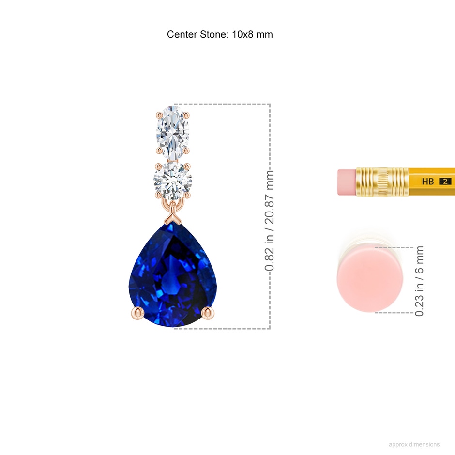 10x8mm AAAA Pear Blue Sapphire Dangle Earrings with Diamond Accents in Rose Gold ruler
