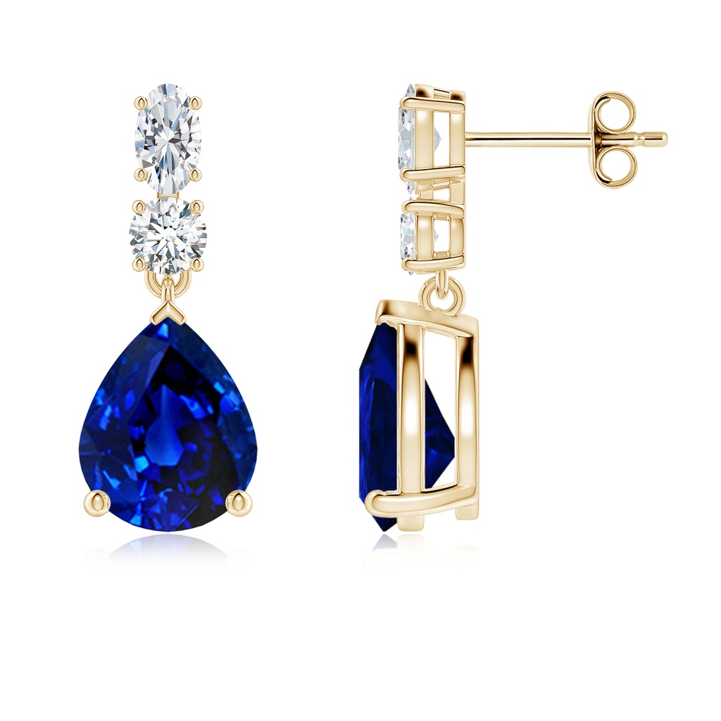 10x8mm Lab-Grown Pear Blue Sapphire Dangle Earrings with Diamond Accents in Yellow Gold