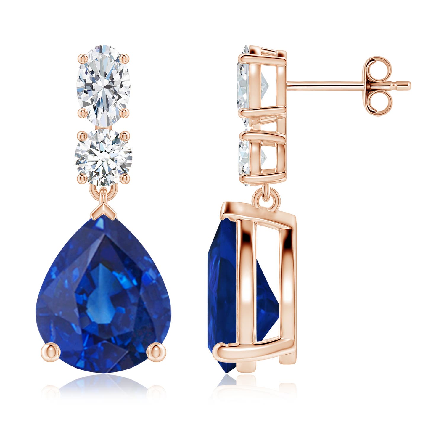 Angara 11.32 CTW Prong-Set Pear Blue Sapphire Dangle Earrings with Diamonds in 14K Rose Gold