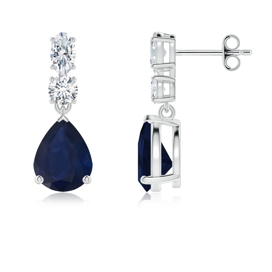 9x7mm A Pear Blue Sapphire Dangle Earrings with Diamond Accents in White Gold 