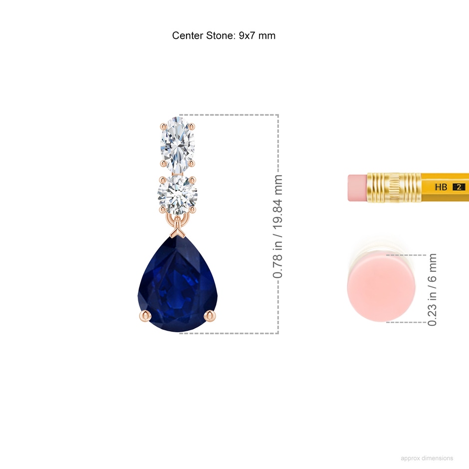 9x7mm AA Pear Blue Sapphire Dangle Earrings with Diamond Accents in 18K Rose Gold ruler