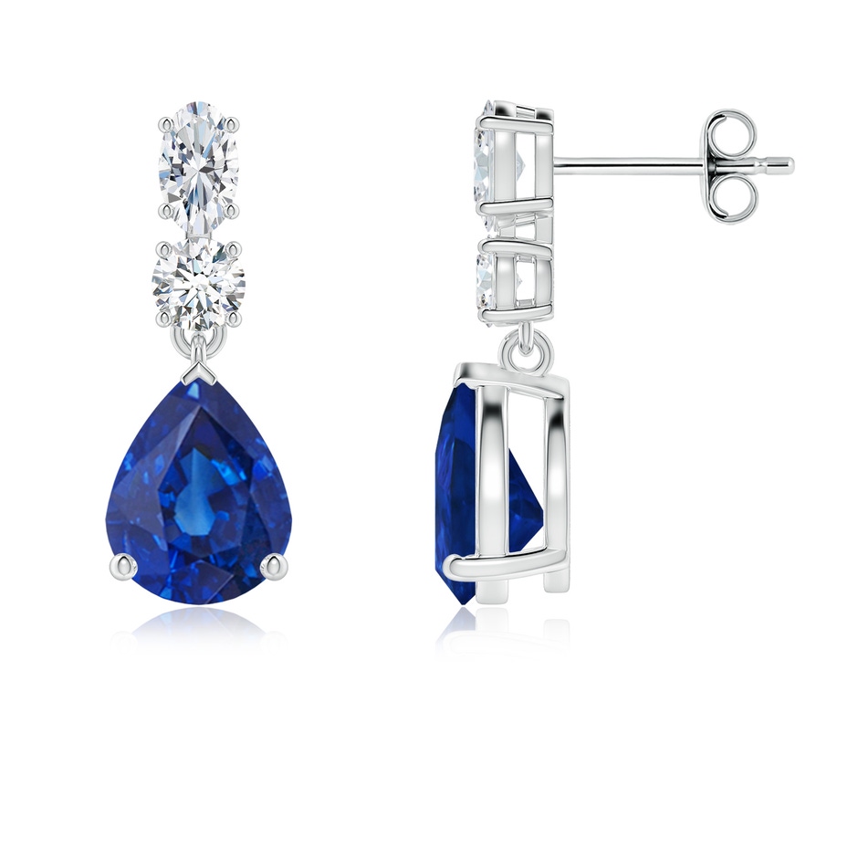 9x7mm AAA Pear Blue Sapphire Dangle Earrings with Diamond Accents in 18K White Gold 