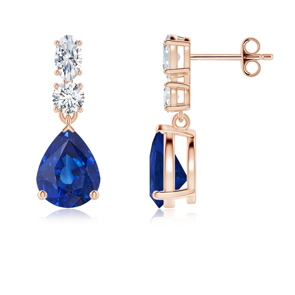 9x7mm AAA Pear Blue Sapphire Dangle Earrings with Diamond Accents in Rose Gold 