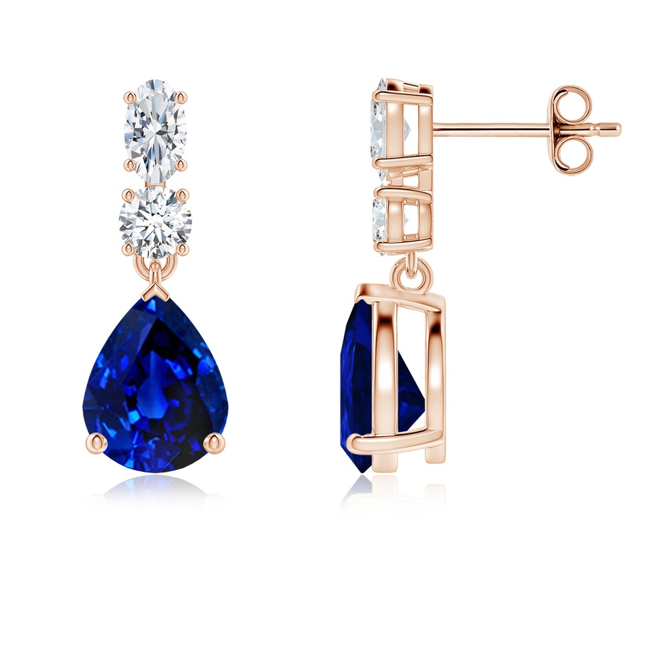 9x7mm AAAA Pear Blue Sapphire Dangle Earrings with Diamond Accents in Rose Gold 