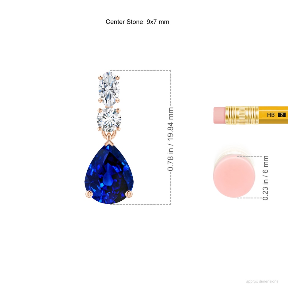 9x7mm AAAA Pear Blue Sapphire Dangle Earrings with Diamond Accents in Rose Gold ruler