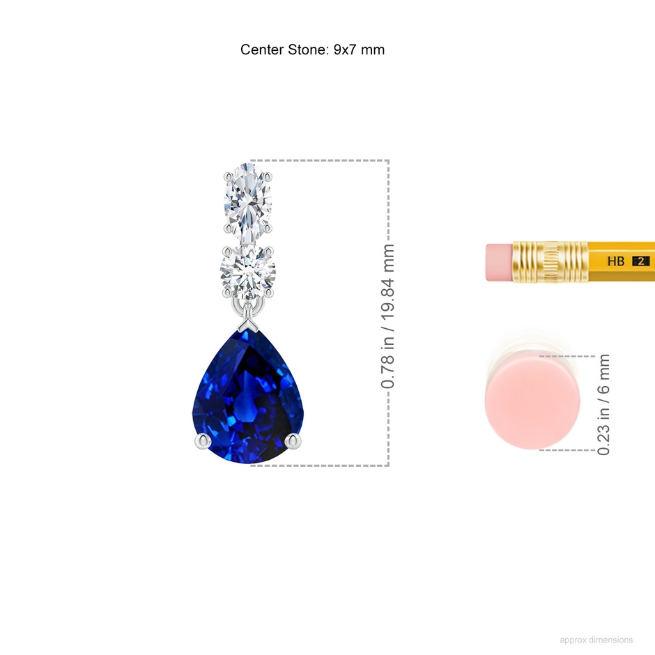 9x7mm AAAA Pear Blue Sapphire Dangle Earrings with Diamond Accents in White Gold ruler