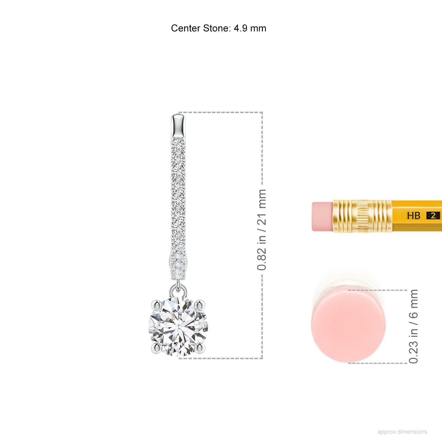 4.9mm HSI2 Round Diamond Hoop Drop Earrings with Accents in White Gold - ruler