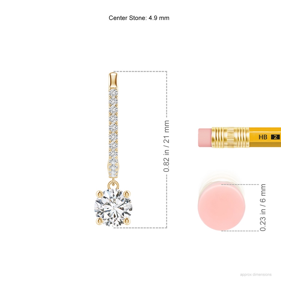 4.9mm HSI2 Round Diamond Hoop Drop Earrings with Accents in Yellow Gold ruler