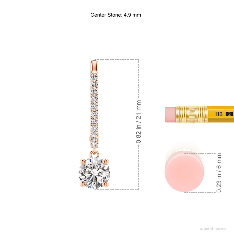 4.9mm IJI1I2 Round Diamond Hoop Drop Earrings with Accents in Rose Gold ruler