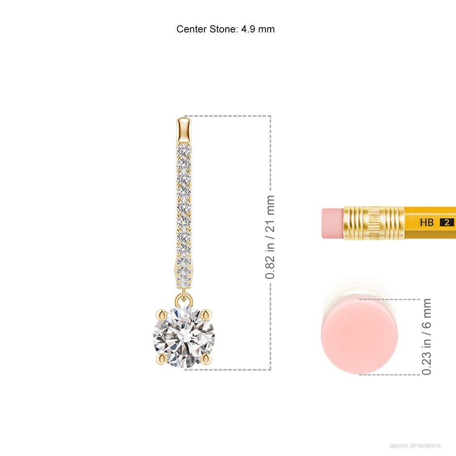4.9mm IJI1I2 Round Diamond Hoop Drop Earrings with Accents in Yellow Gold ruler