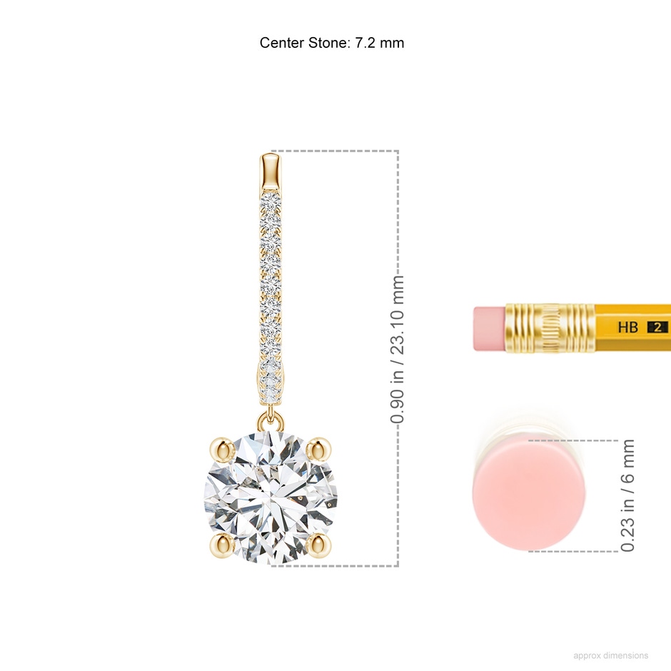 7.2mm HSI2 Round Diamond Hoop Drop Earrings with Accents in Yellow Gold ruler