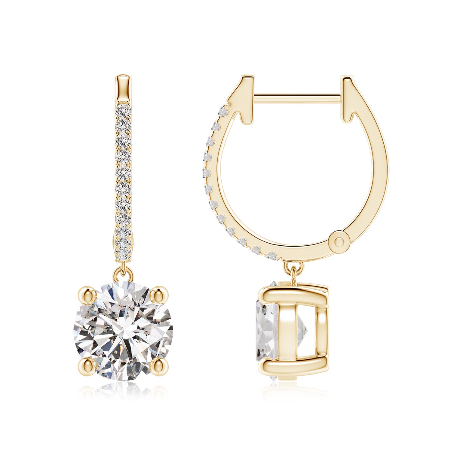 7.2mm IJI1I2 Round Diamond Hoop Drop Earrings with Accents in Yellow Gold