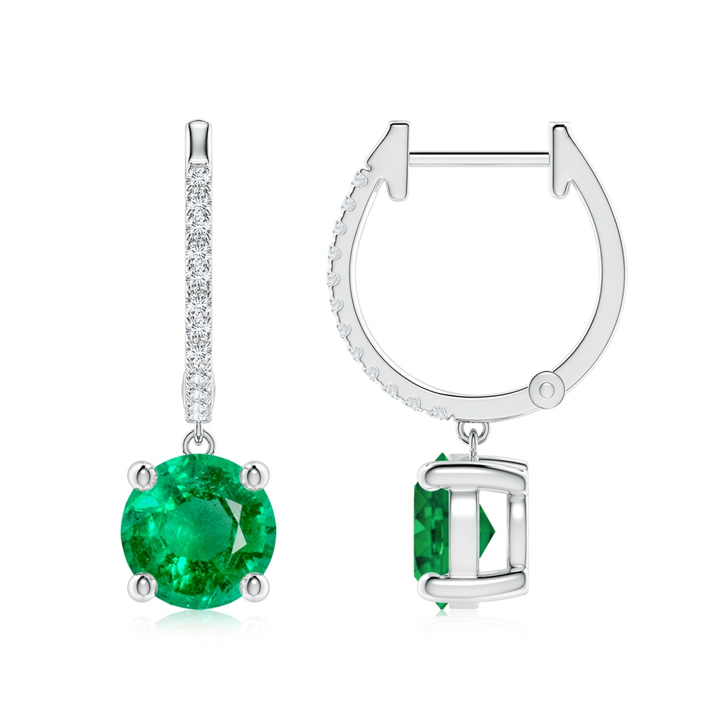 7mm AAA Round Emerald Hoop Drop Earrings with Diamonds in White Gold