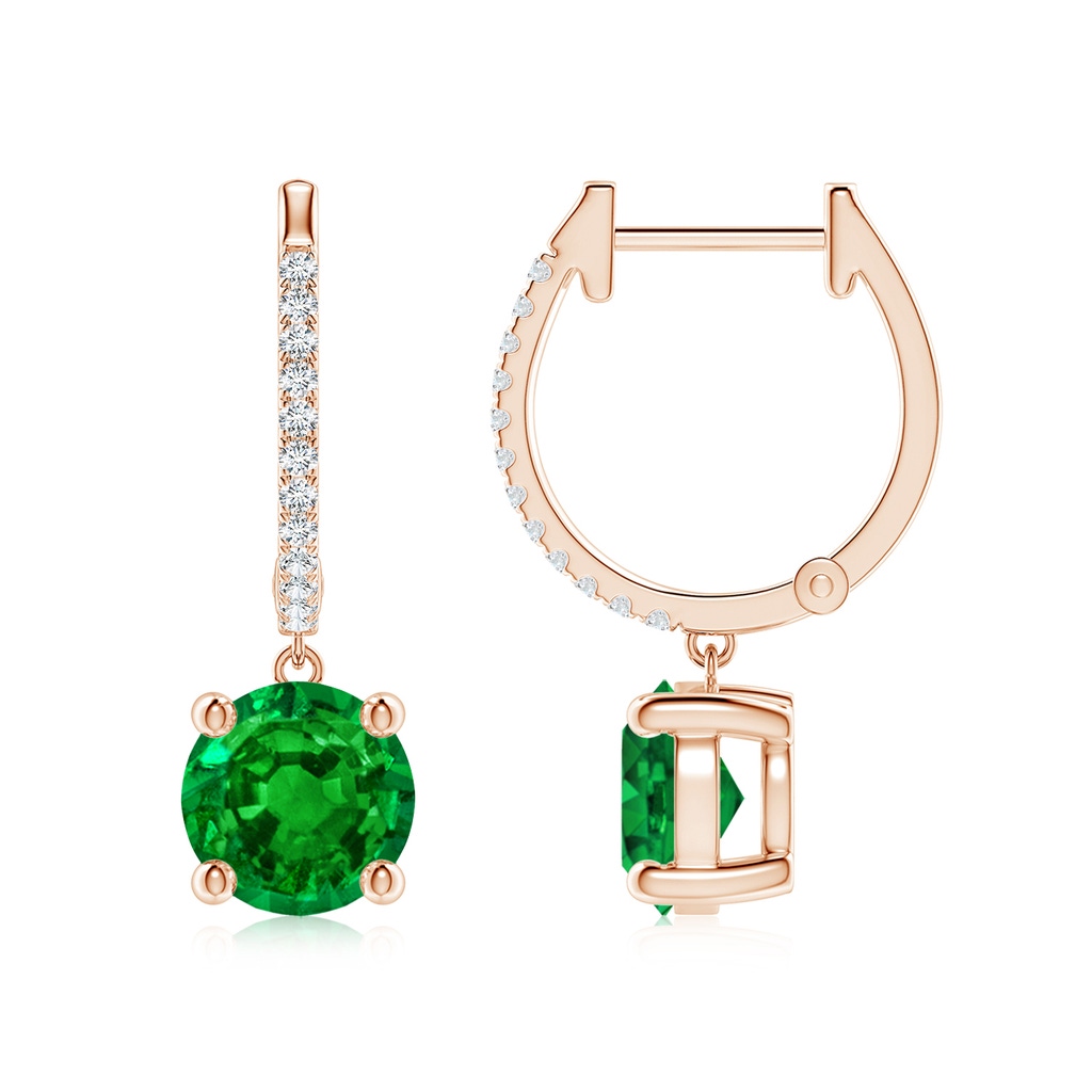 7mm AAAA Round Emerald Hoop Drop Earrings with Diamonds in Rose Gold