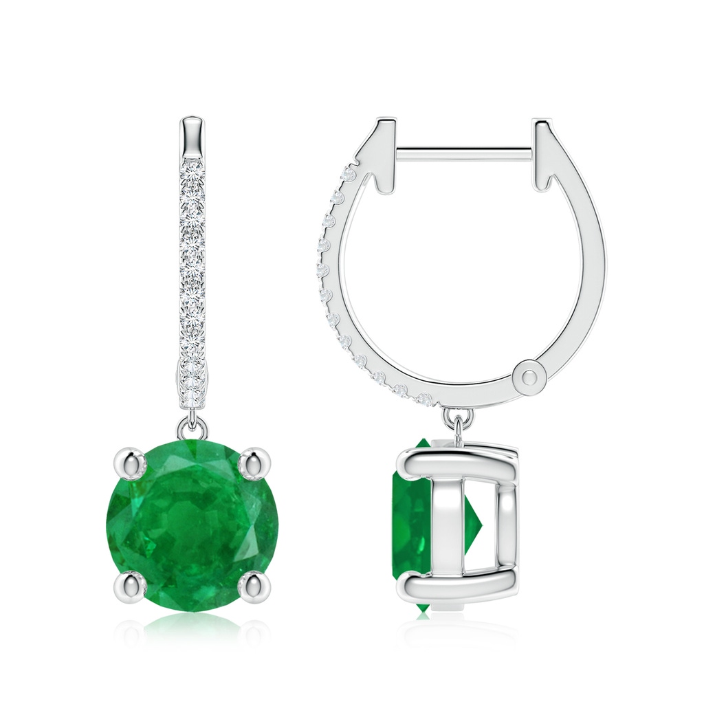 8mm AA Round Emerald Hoop Drop Earrings with Diamonds in White Gold