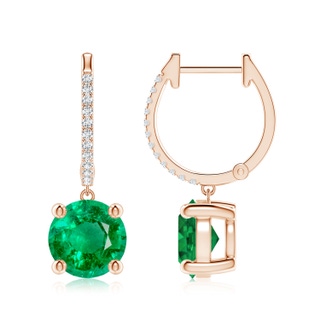 8mm AAA Round Emerald Hoop Drop Earrings with Diamonds in Rose Gold