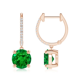 8mm AAAA Round Emerald Hoop Drop Earrings with Diamonds in 9K Rose Gold