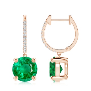 9mm AAA Round Emerald Hoop Drop Earrings with Diamonds in Rose Gold