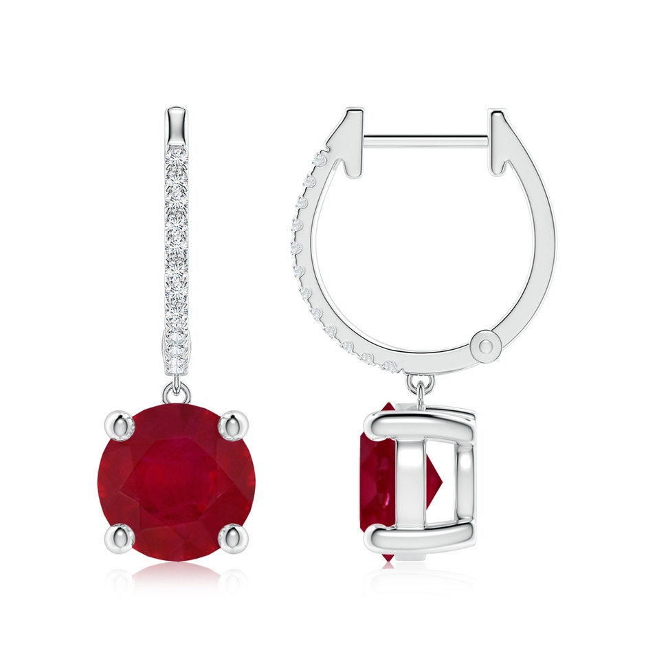 8mm AA Round Ruby Hoop Drop Earrings with Diamonds in White Gold 