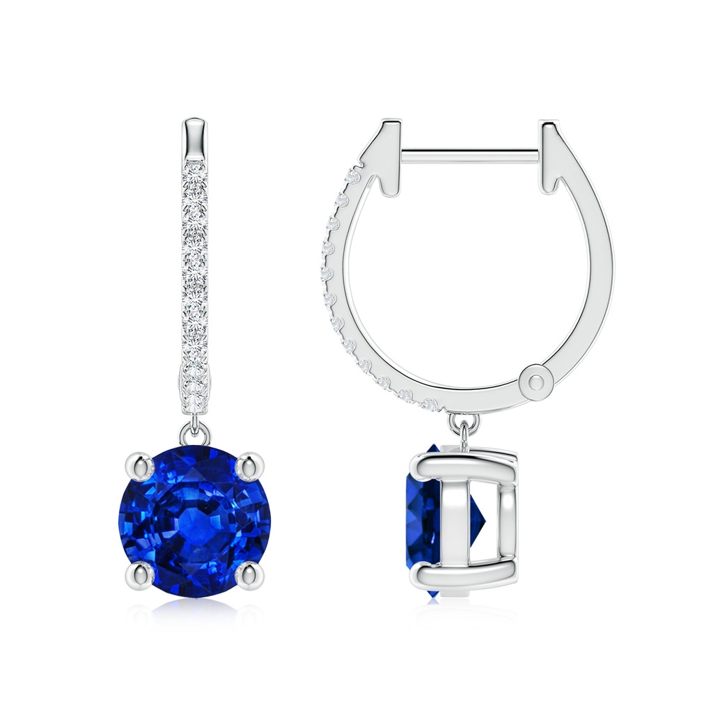 7mm Lab-Grown Round Blue Sapphire Hoop Drop Earrings with Diamonds in White Gold