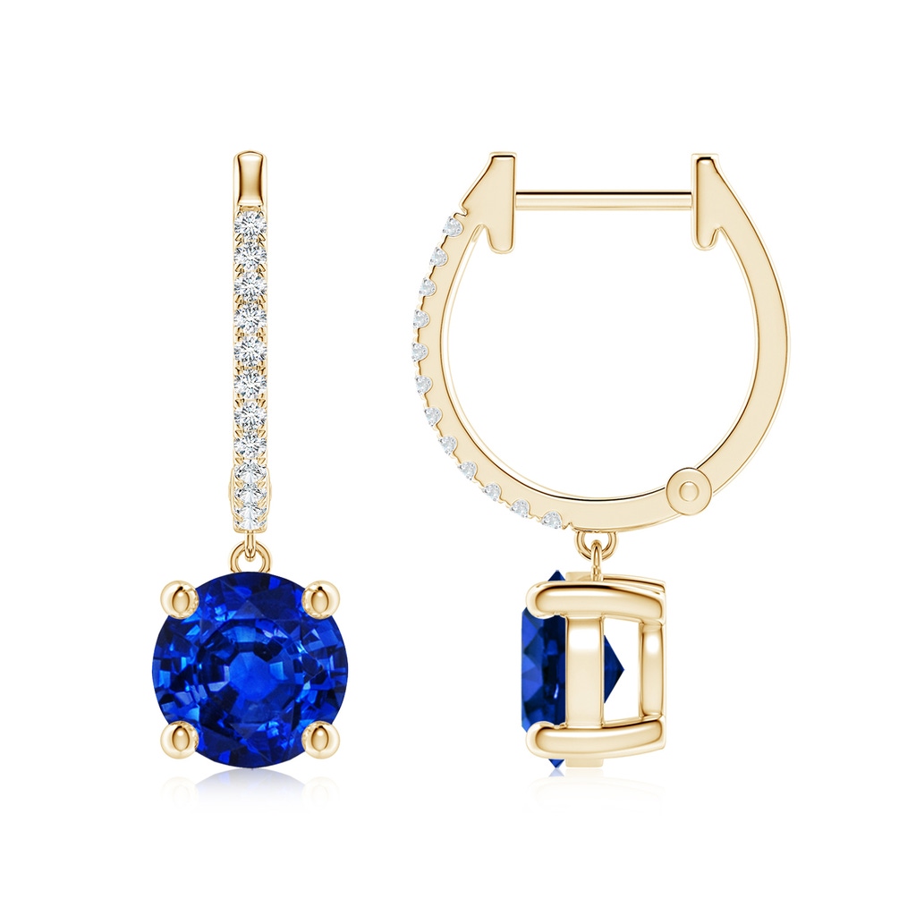 7mm Lab-Grown Round Blue Sapphire Hoop Drop Earrings with Diamonds in Yellow Gold