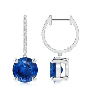 9mm AAA Round Blue Sapphire Hoop Drop Earrings with Diamonds in P950 Platinum