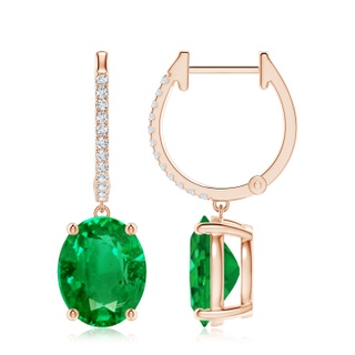 10x8mm AAA Oval Emerald Hoop Drop Earrings with Diamonds in 10K Rose Gold