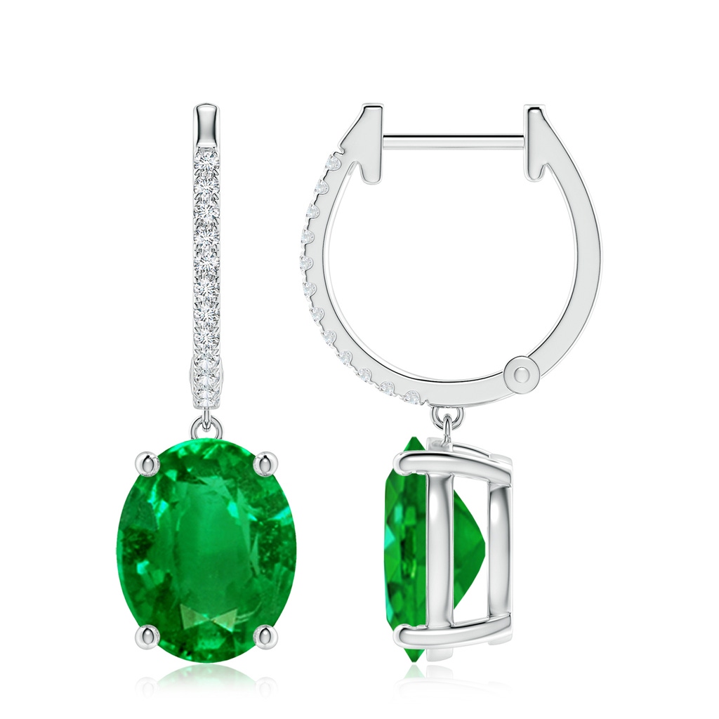 10x8mm AAAA Oval Emerald Hoop Drop Earrings with Diamonds in P950 Platinum