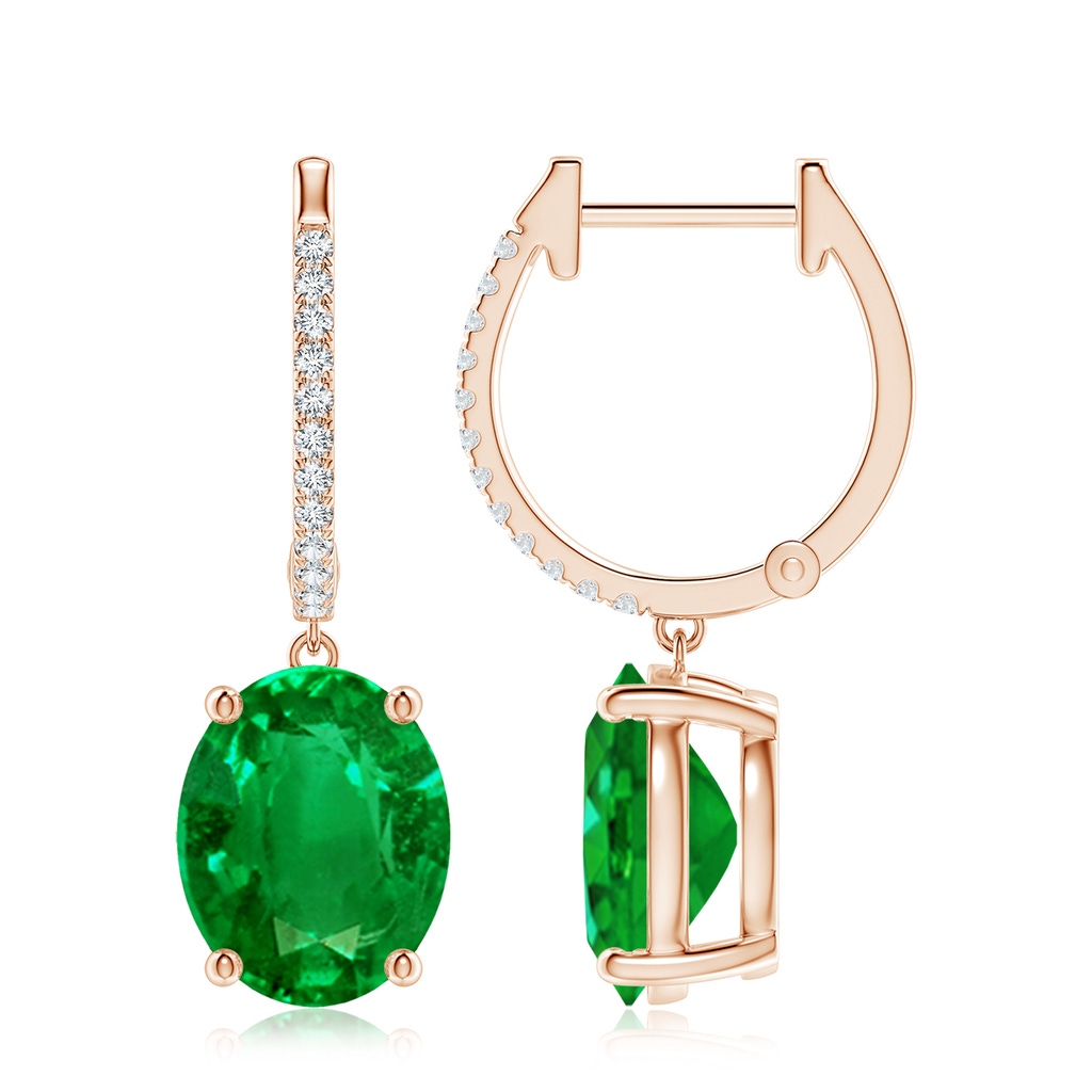 10x8mm AAAA Oval Emerald Hoop Drop Earrings with Diamonds in Rose Gold