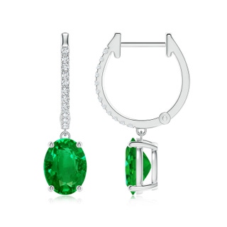 8x6mm AAAA Oval Emerald Hoop Drop Earrings with Diamonds in White Gold