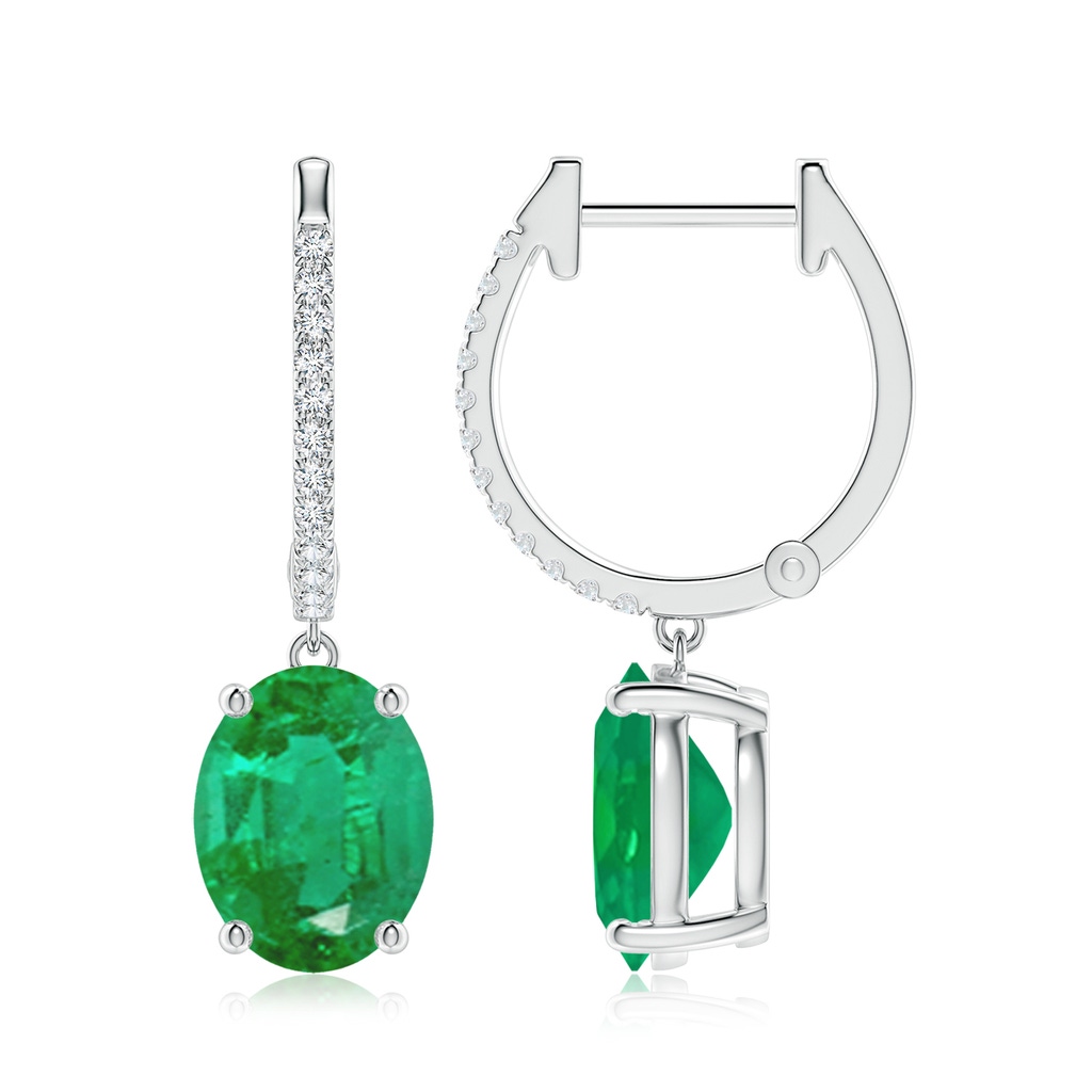 9x7mm AA Oval Emerald Hoop Drop Earrings with Diamonds in White Gold
