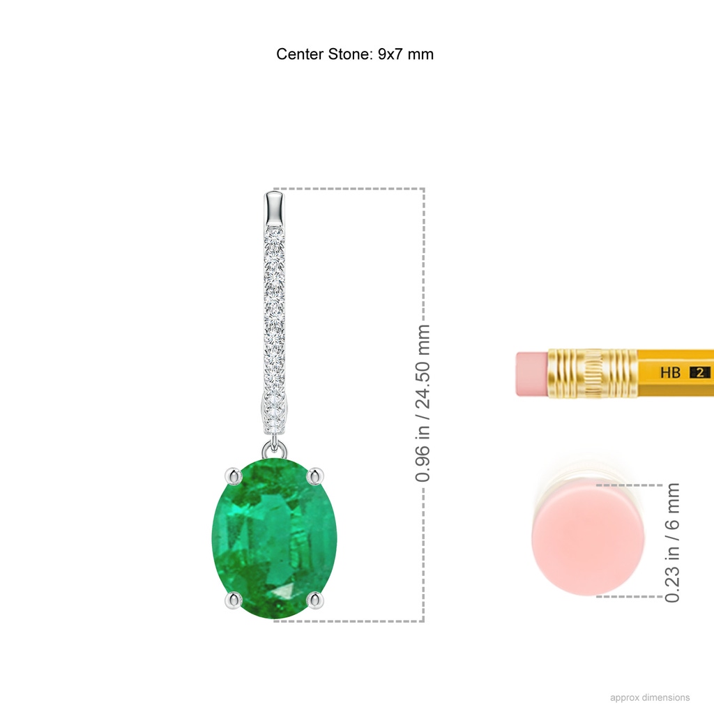9x7mm AA Oval Emerald Hoop Drop Earrings with Diamonds in White Gold ruler