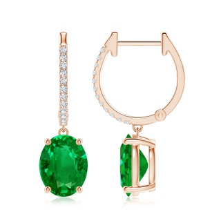 9x7mm AAAA Oval Emerald Hoop Drop Earrings with Diamonds in Rose Gold