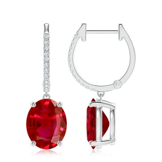 10x8mm AAA Oval Ruby Hoop Drop Earrings with Diamonds in P950 Platinum