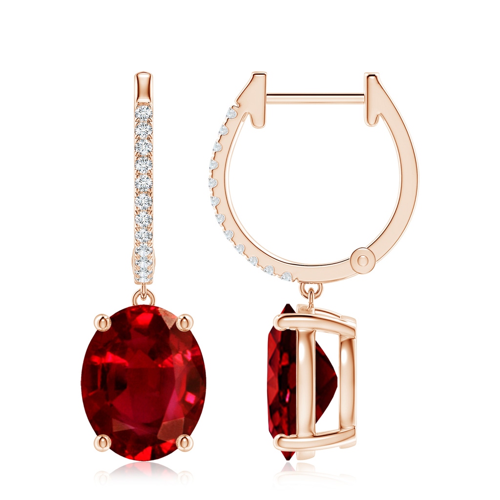 10x8mm AAAA Oval Ruby Hoop Drop Earrings with Diamonds in Rose Gold