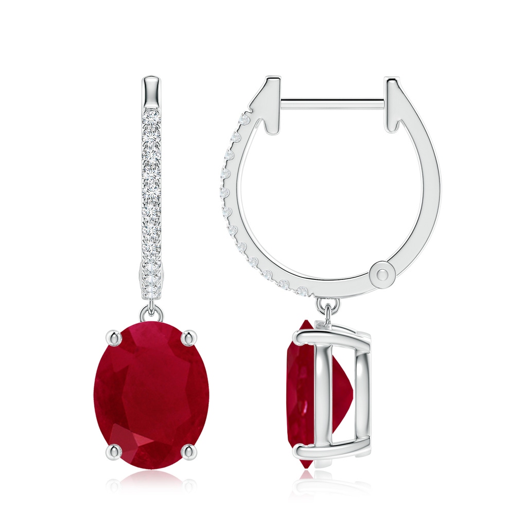 9x7mm AA Oval Ruby Hoop Drop Earrings with Diamonds in White Gold 